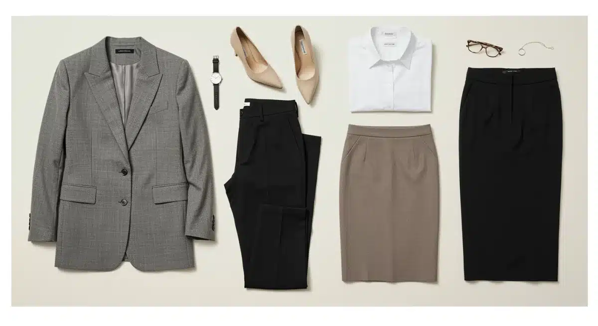 Flat lay of essential budget professional wardrobe pieces for 2026
