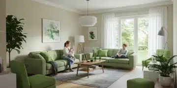 Bright and organized living room with green plants, promoting home wellness.