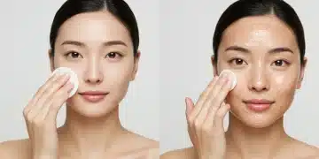 Woman applying chemical exfoliant and physical scrub for comparison