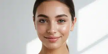 Woman with 'Clean Girl' makeup, radiant skin, natural brows, subtle blush, and glossy lips