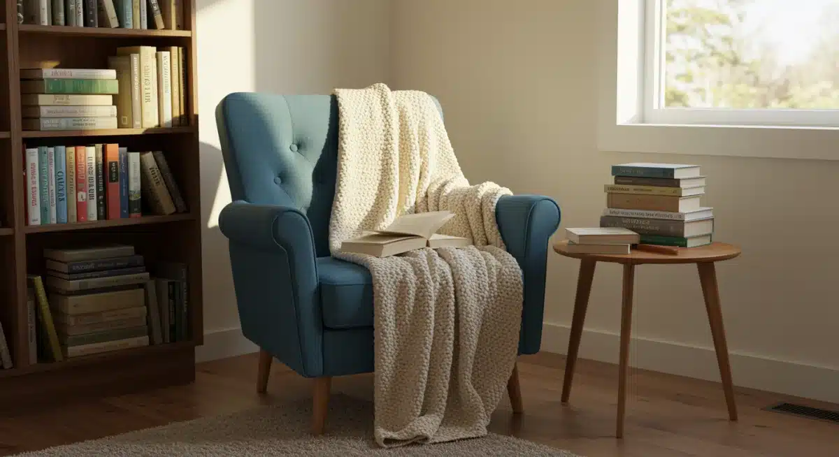 Cozy reading nook with soft lighting for relaxation.