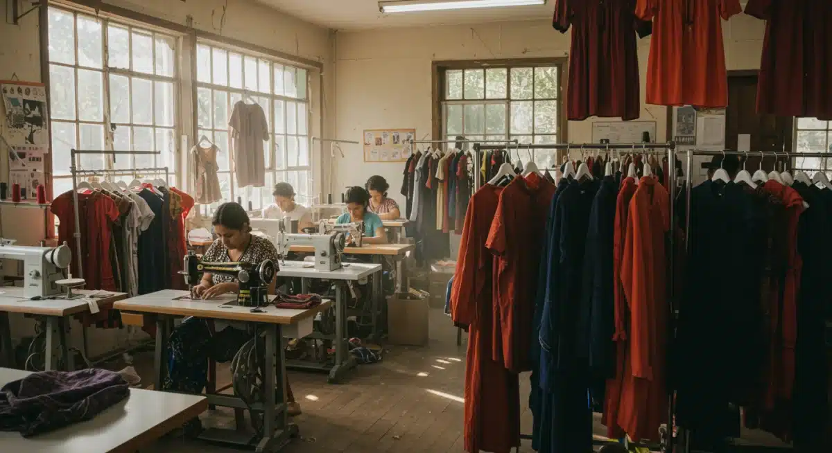Artisans crafting garments in a local sustainable workshop