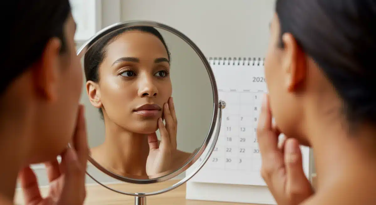 Woman contemplating her skin in a mirror, symbolizing long-term skincare benefits