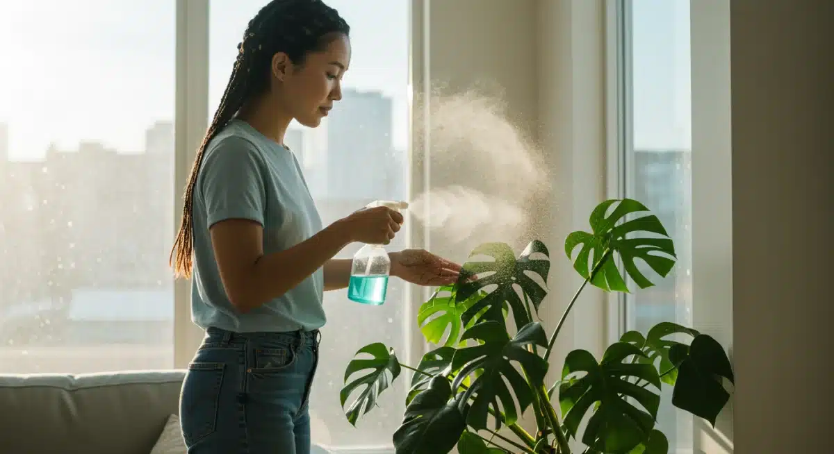 Person watering an indoor plant, enhancing home air quality.