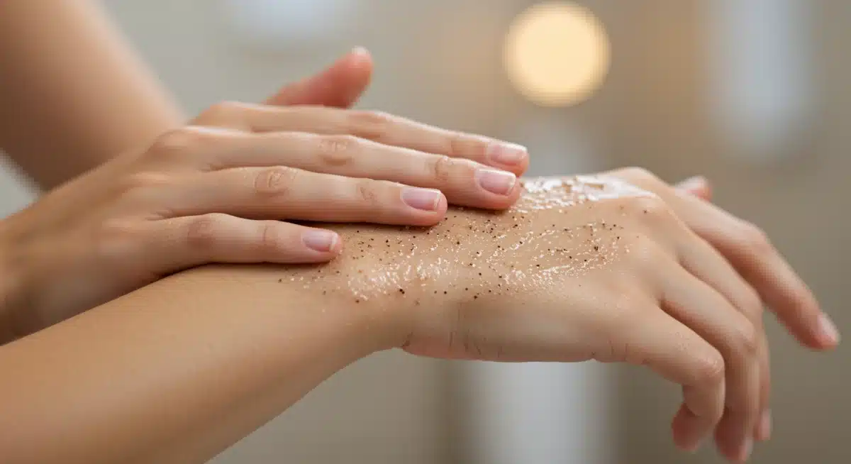 Hand applying a physical scrub with fine particles