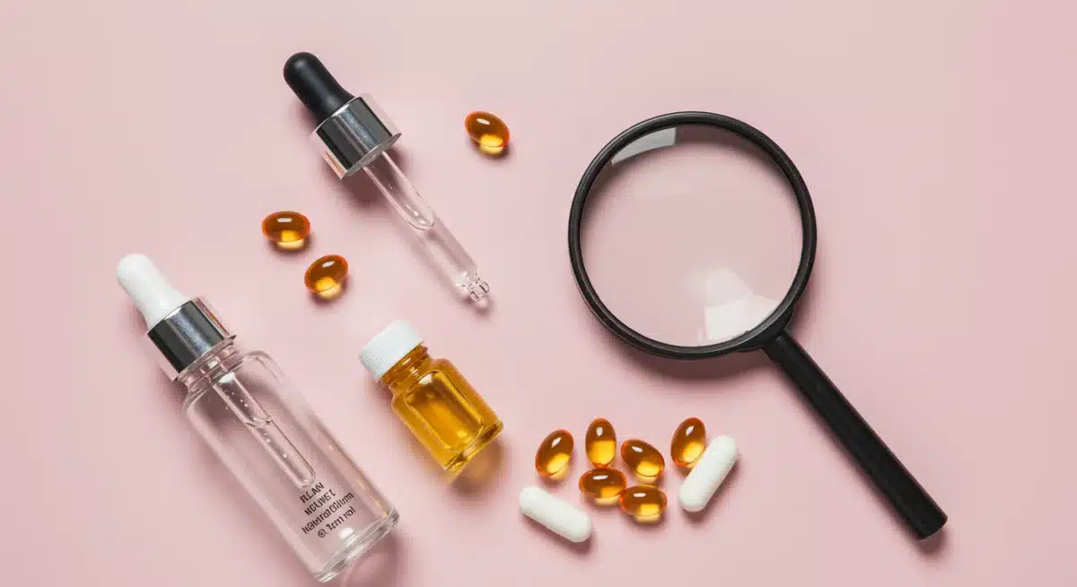 Skincare ingredients and magnifying glass, highlighting informed product choices
