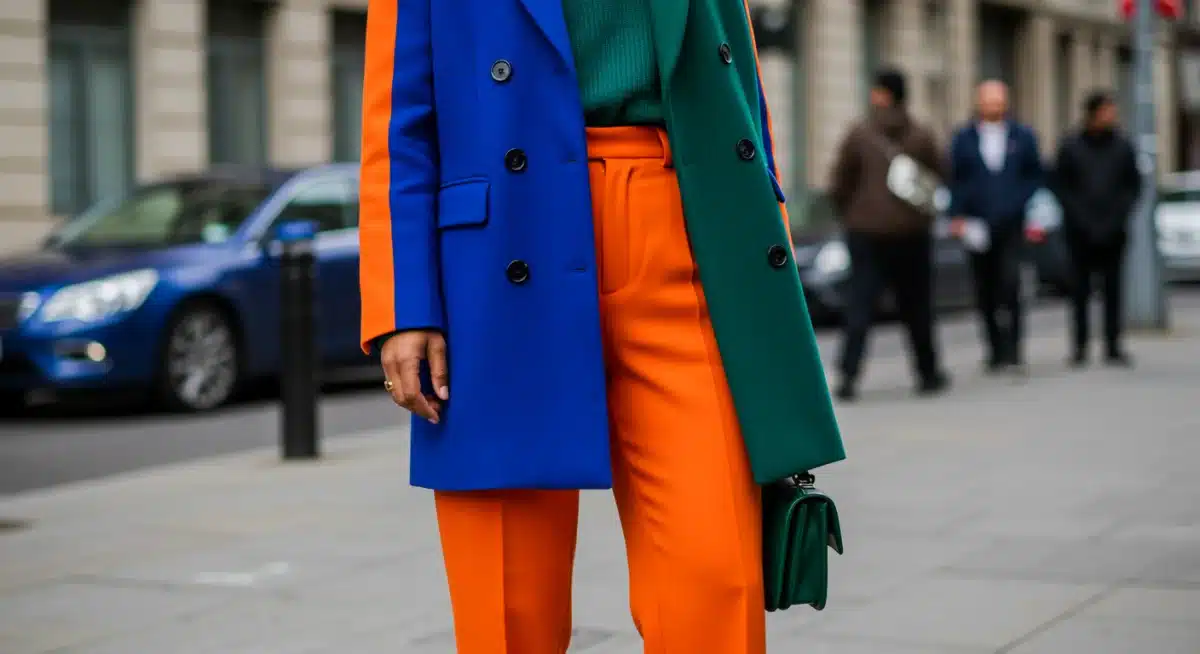 Street style featuring vibrant color block outfit