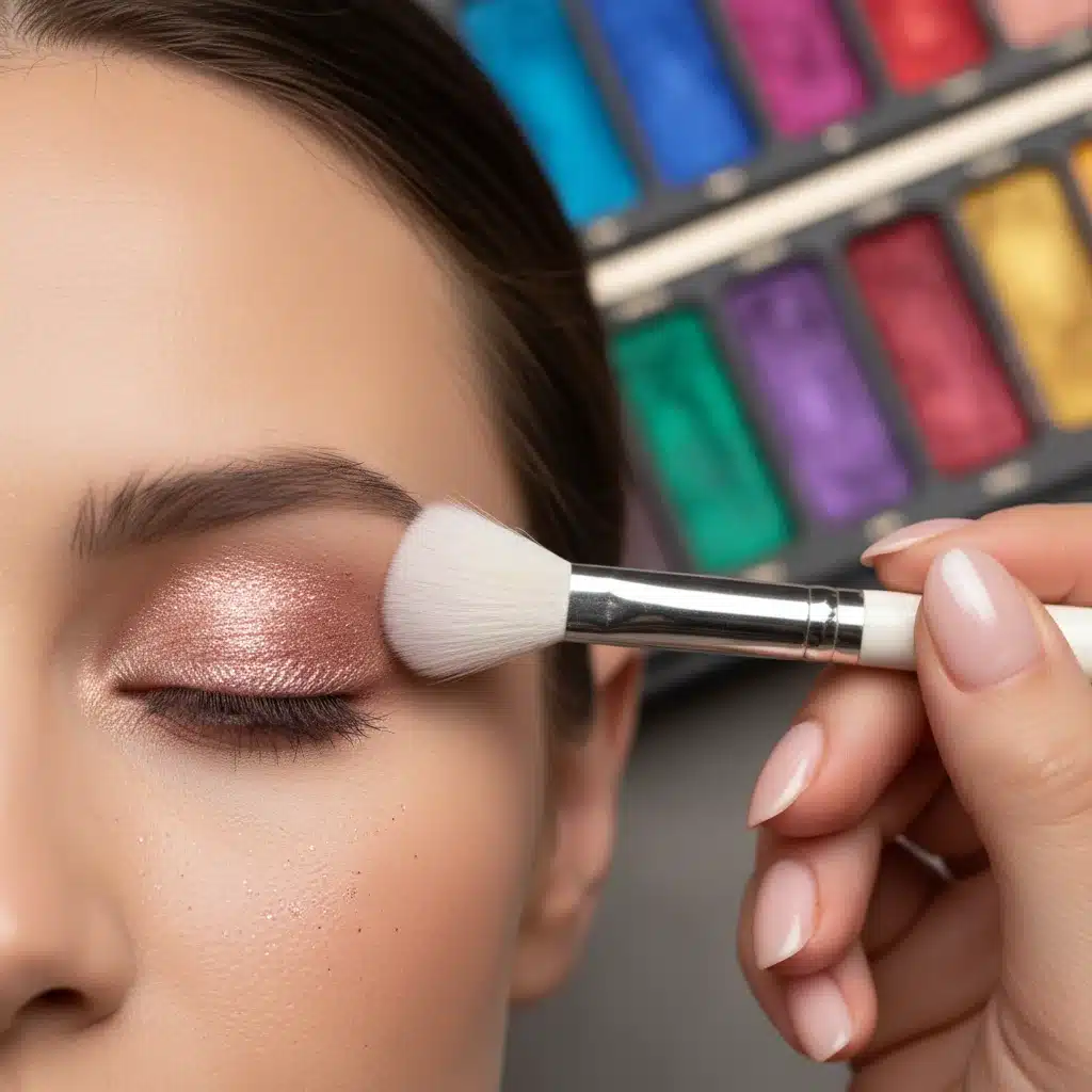 Applying shimmering gold eyeshadow with a soft brush for a festive eye makeup look.