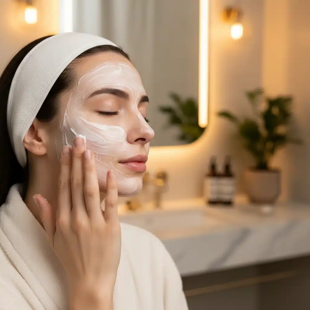 Applying rich facial cream to combat winter dryness and lock in moisture.