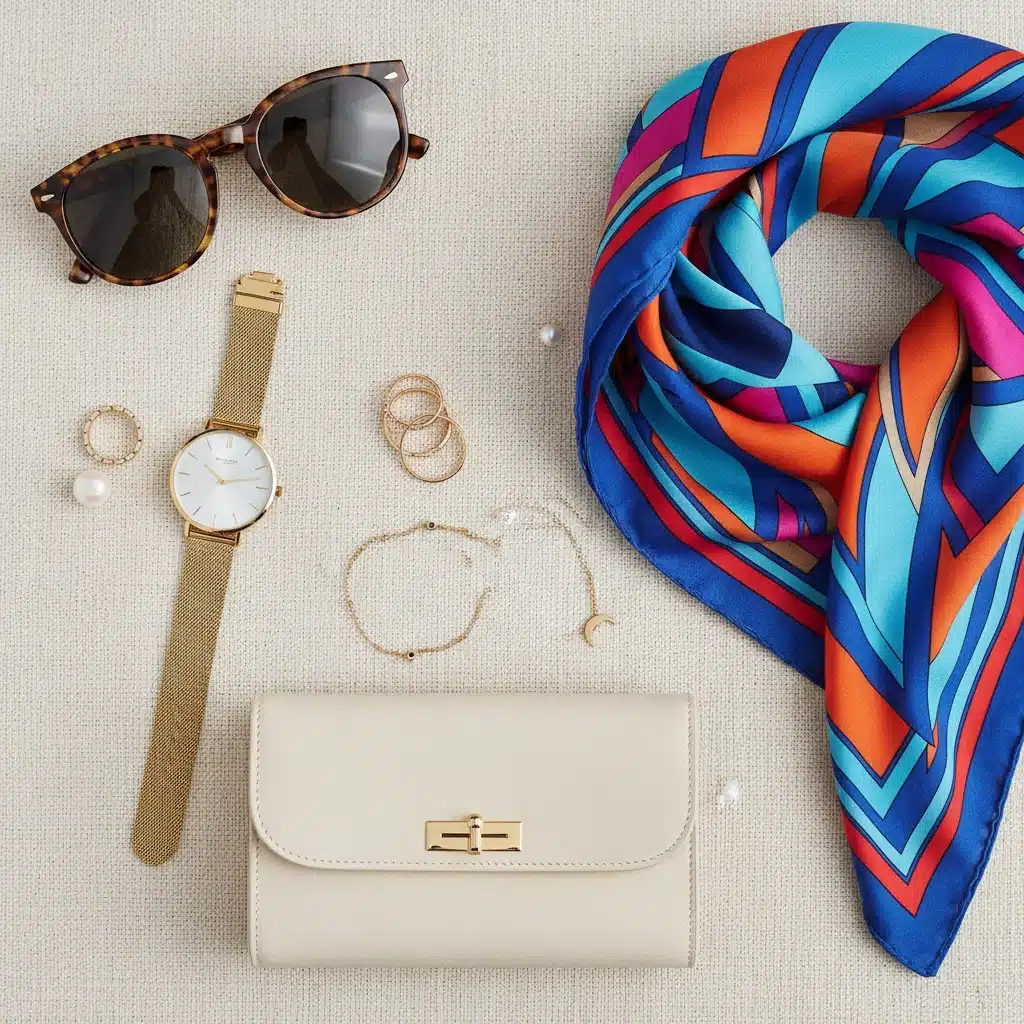Flat lay of diverse accessories including sunglasses, watch, rings, scarf, and clutch
