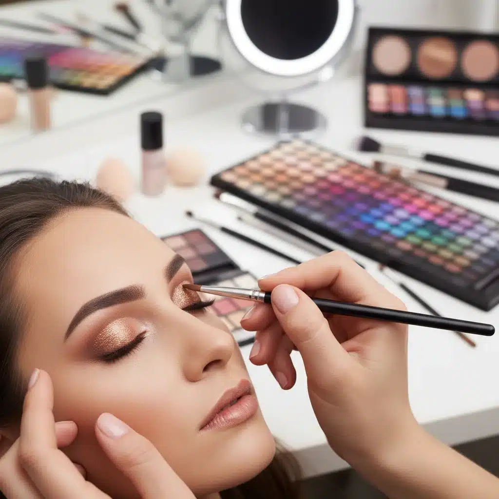 Makeup artist demonstrating cut crease with precision eyeshadow brush.