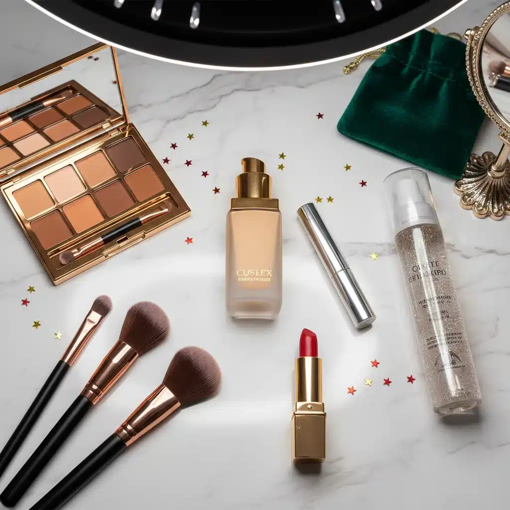 Assortment of essential makeup products for creating a full festive holiday glam look.