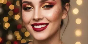 Woman with festive gold and red eye makeup, red lipstick, and subtle glitter, ready for holiday celebrations.