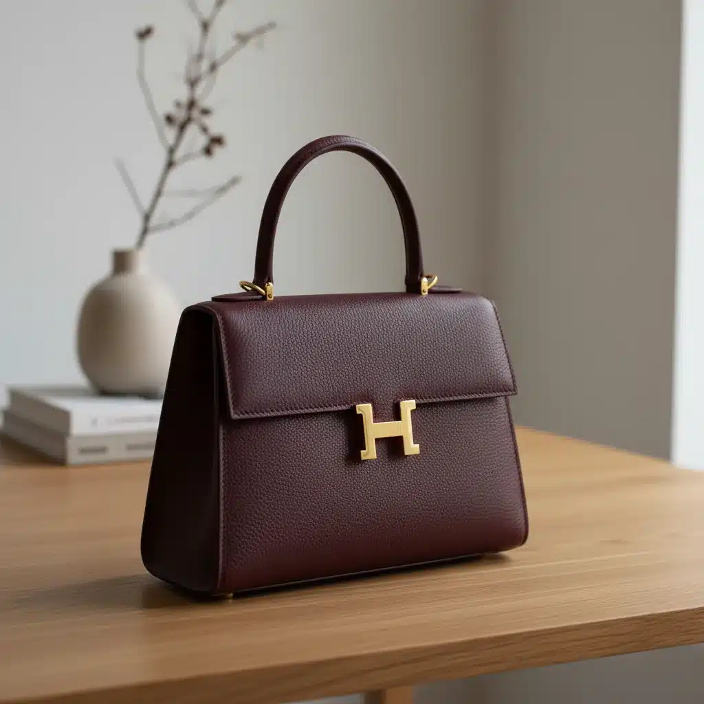 Close-up of a high-quality leather handbag with elegant hardware.