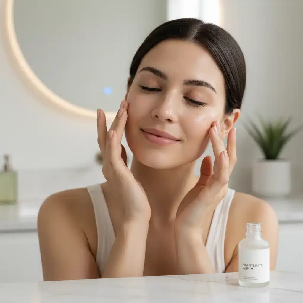 Woman applying probiotic serum to her face in a modern bathroom