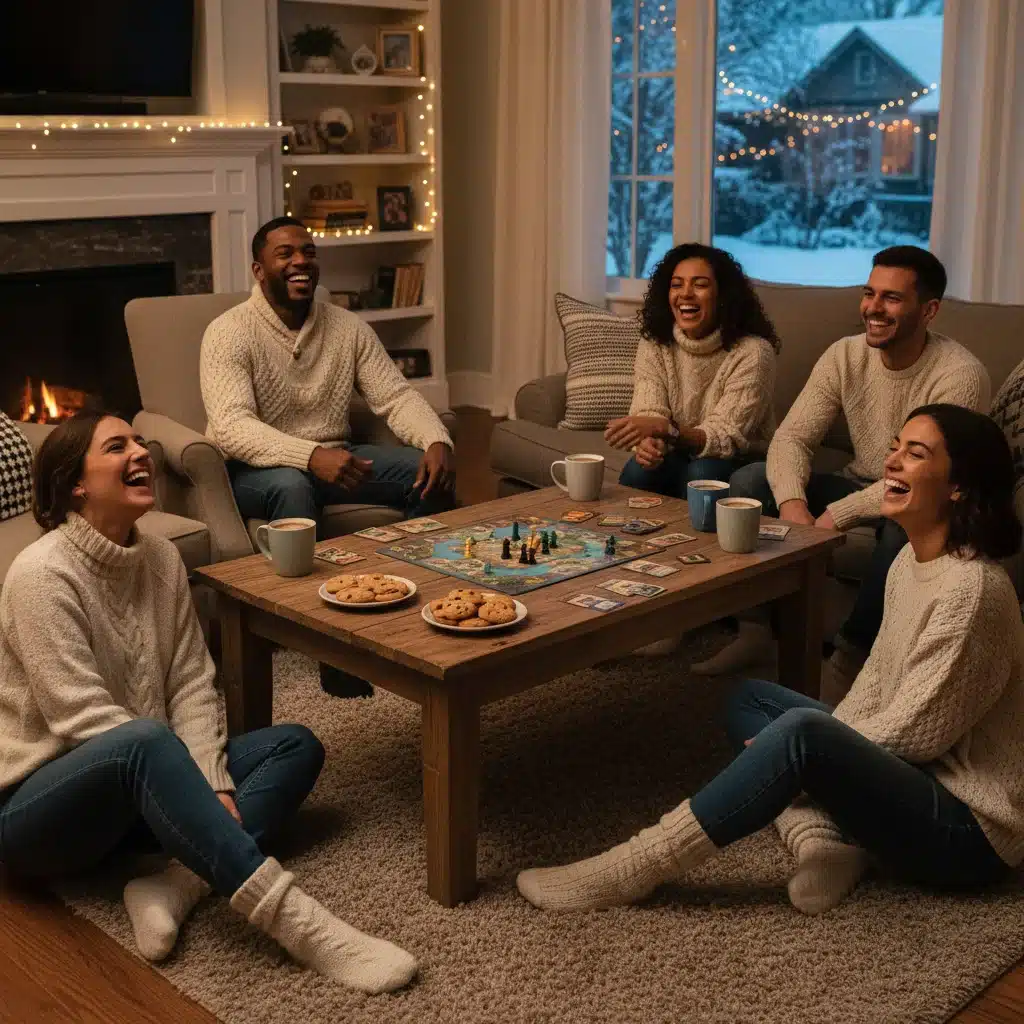 Friends enjoying social interaction indoors during winter