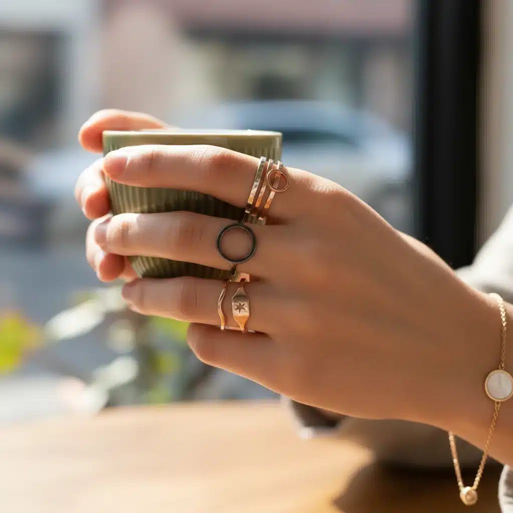 Close-up of hand with stacking rings and delicate bracelet, holding a coffee cup