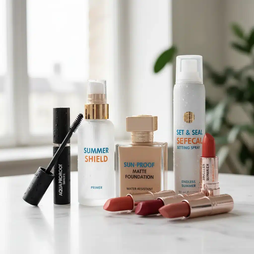 Assortment of sweat-proof and waterproof makeup products for summer