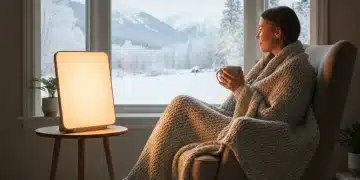 Person looking out window with light therapy lamp during winter