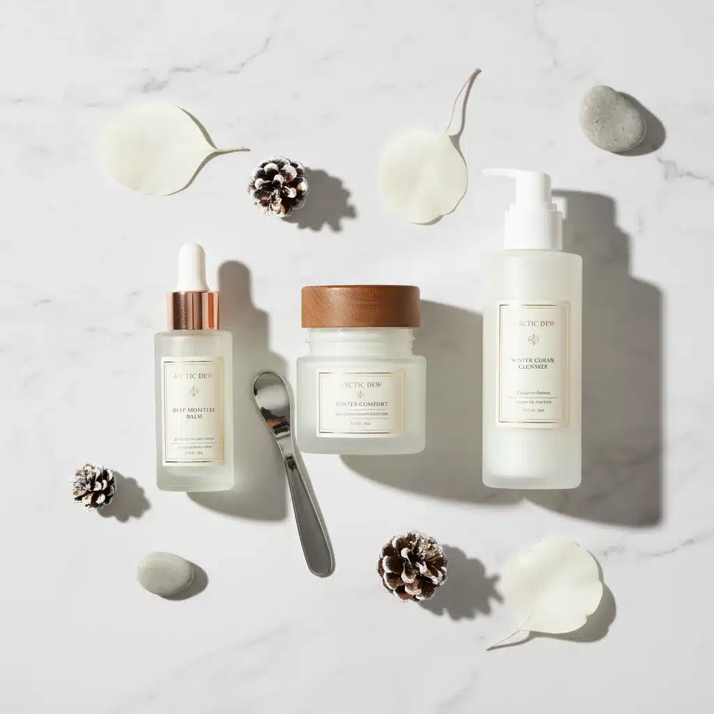 Essential skincare products for managing winter dryness, including moisturizers and serums.
