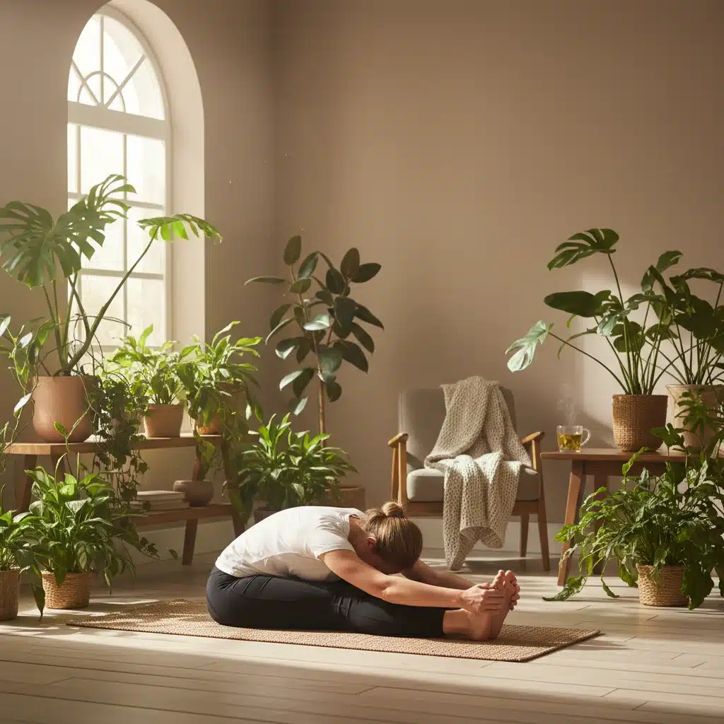 Person doing yoga indoors with natural light and plants