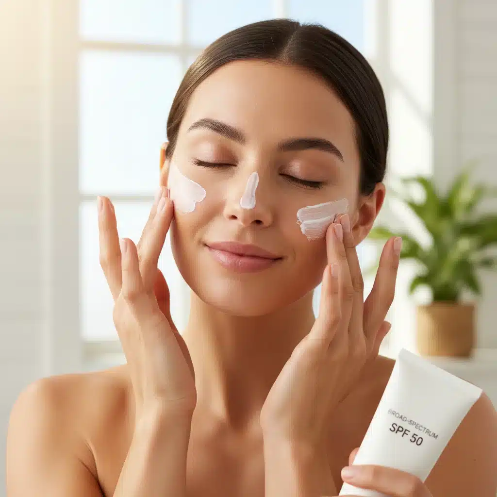 Woman applying high SPF sunscreen to her face for summer protection.