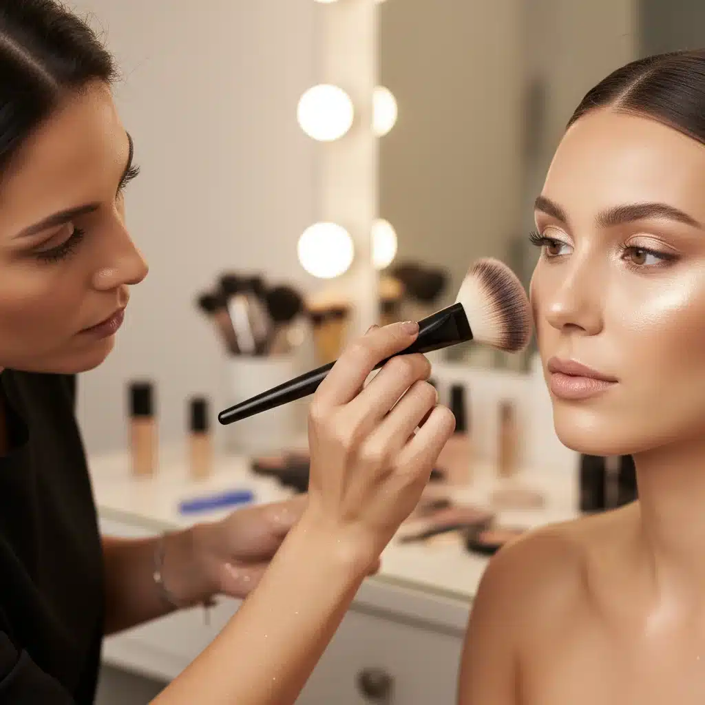 Blending highlighter on high points of face with a fan brush for a radiant look.