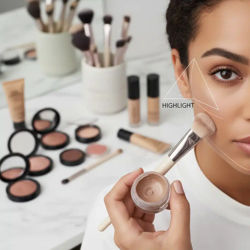 Applying contour cream to cheekbones with a brush for beginners.