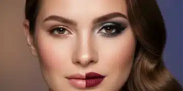 Woman showcasing a beautiful day to night makeup transformation.