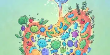 Illustration of a healthy gut microbiome connected to the brain, representing gut-brain axis and probiotics' impact on mood.