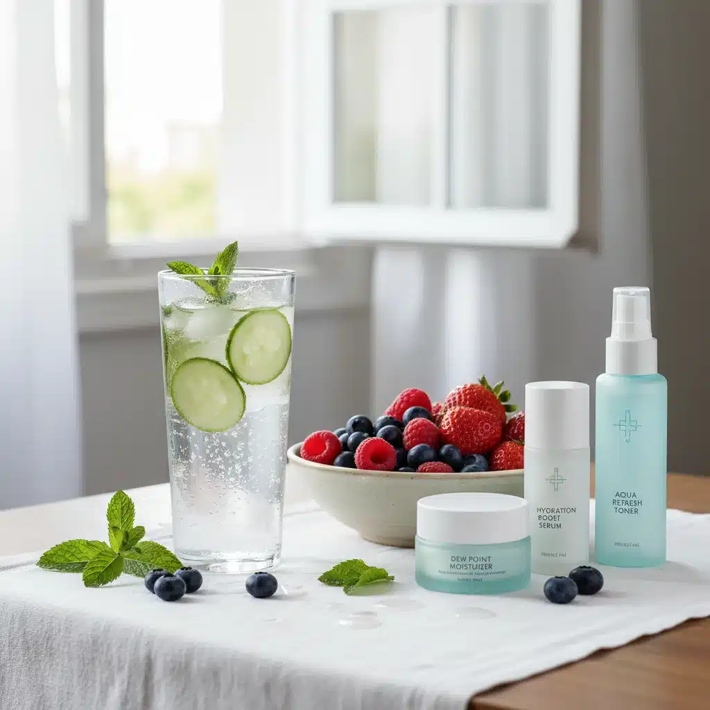 Hydrating drinks and skincare products for optimal skin health in summer.