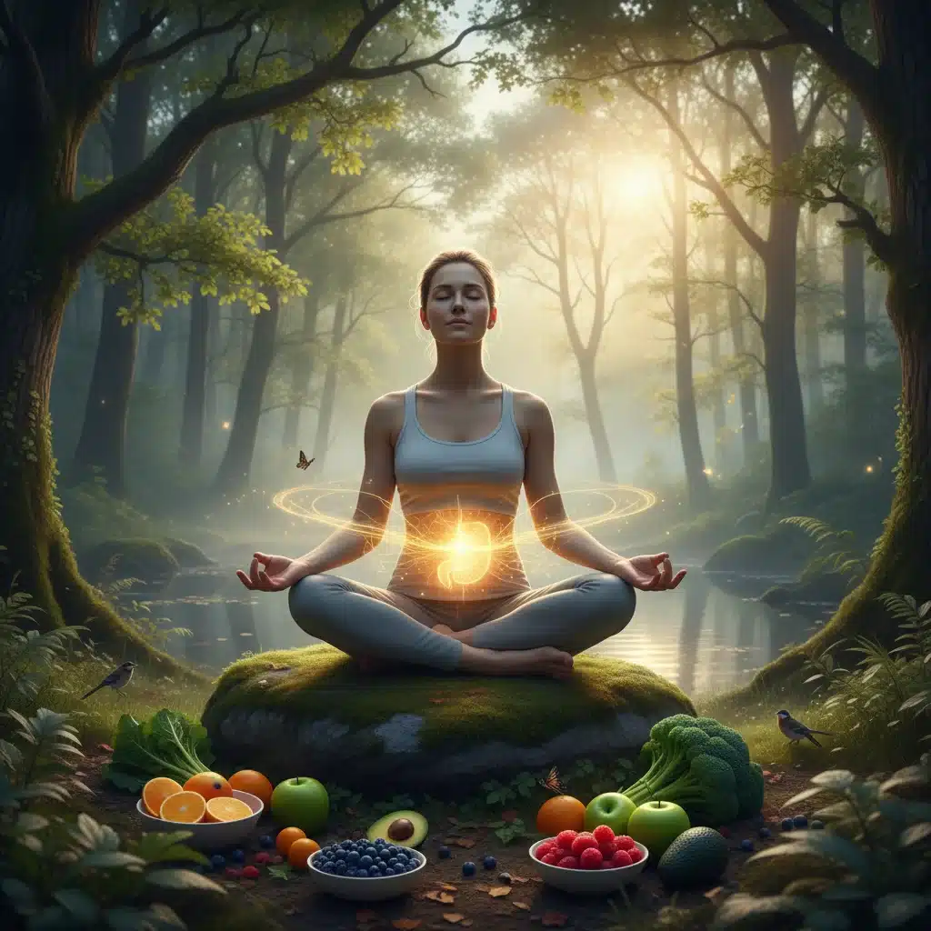 Person meditating peacefully in nature, symbolizing gut-brain balance and the positive impact of gut health on mental well-being.