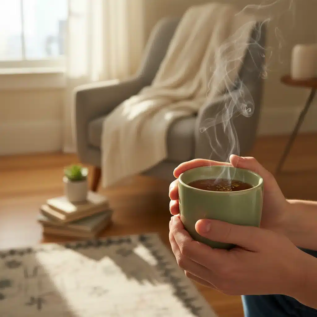 Hands holding a warm cup of tea, promoting a mindful moment of relaxation.