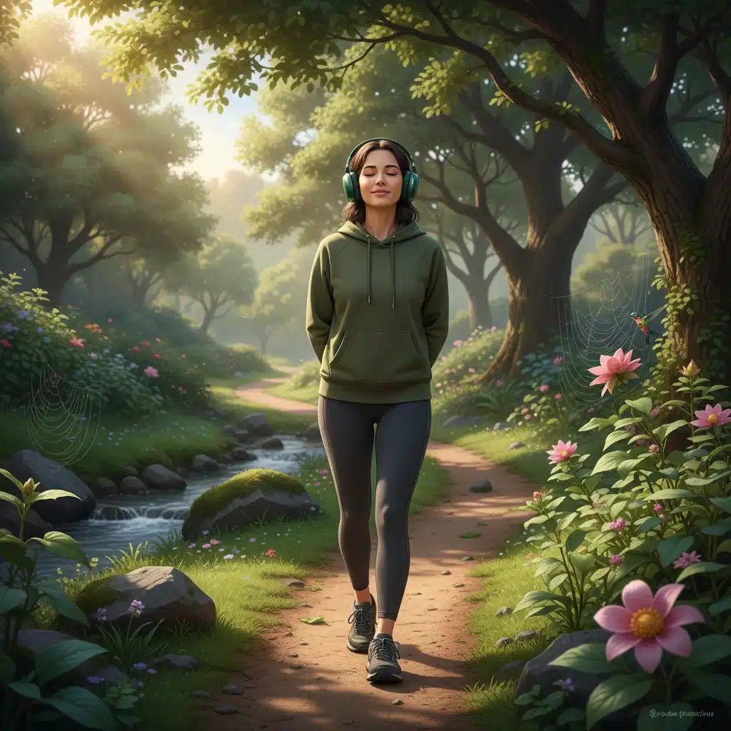 Person mindfully walking in a park with headphones, enjoying nature and focused listening.