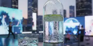 Modern water bottle and glass of water symbolizing future hydration habits for health and energy.
