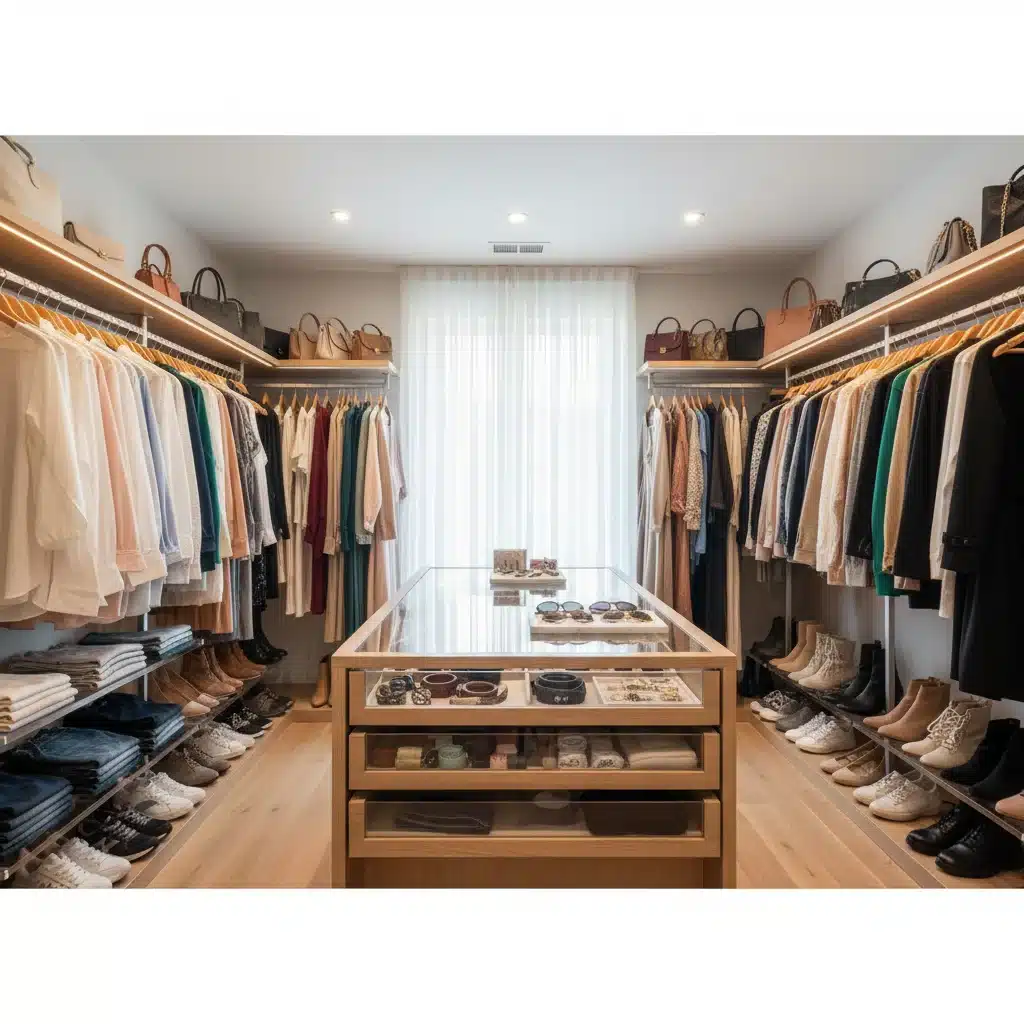 Organized closet with color-coordinated clothes and accessories