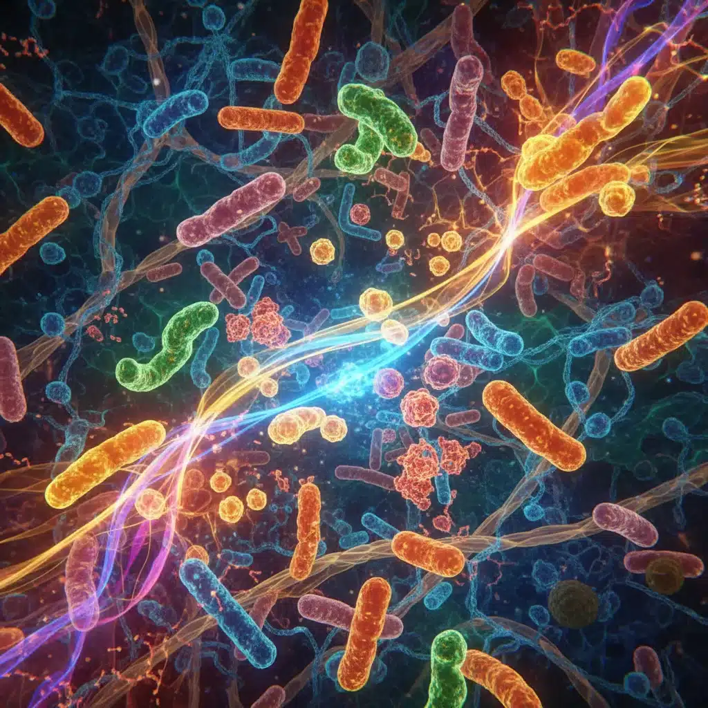 Microscopic view of diverse probiotic strains actively working in the gut, with abstract neurotransmitter representations.