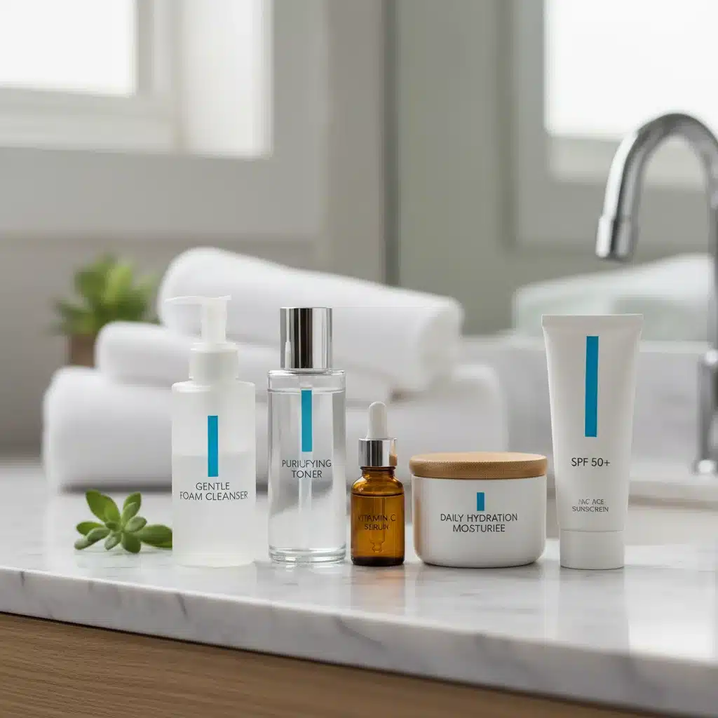 Essential skincare products for morning routine on counter