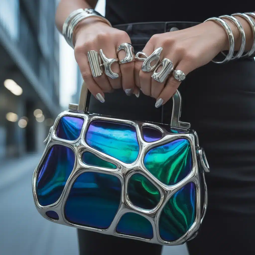 Close-up of hands with sculptural metallic jewelry and iridescent handbag