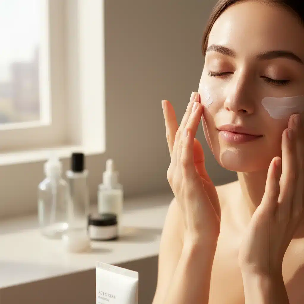 Applying sunscreen as the final step in a morning skincare routine