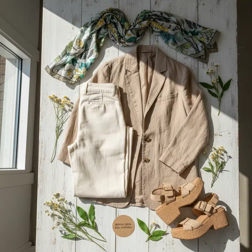 Sustainable Spring 2026 fashion pieces flat lay