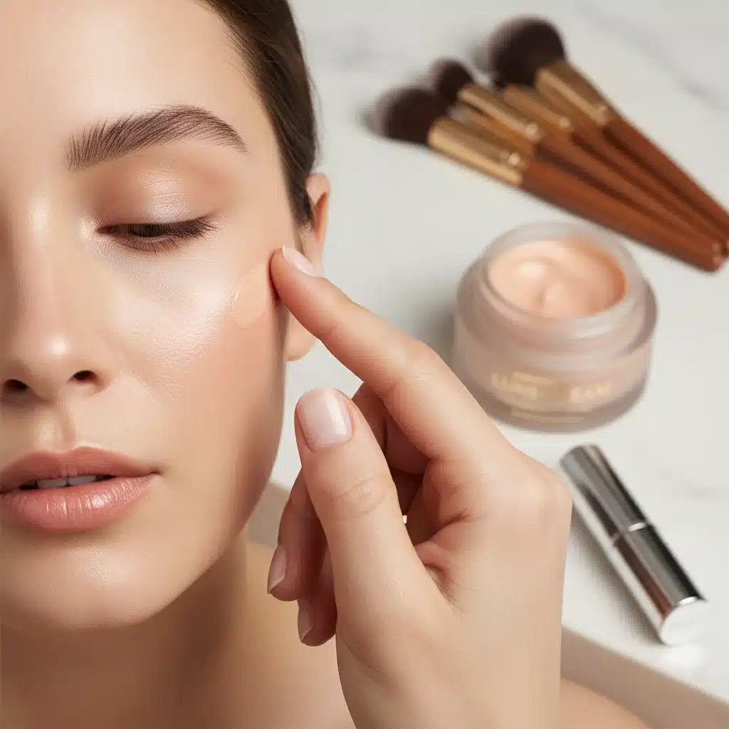 Makeup artist applying versatile cream product to model's cheek.