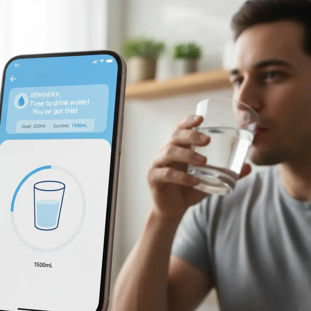 Smartphone displaying a water tracking app, with a person drinking water in the background, illustrating practical daily hydration strategies.