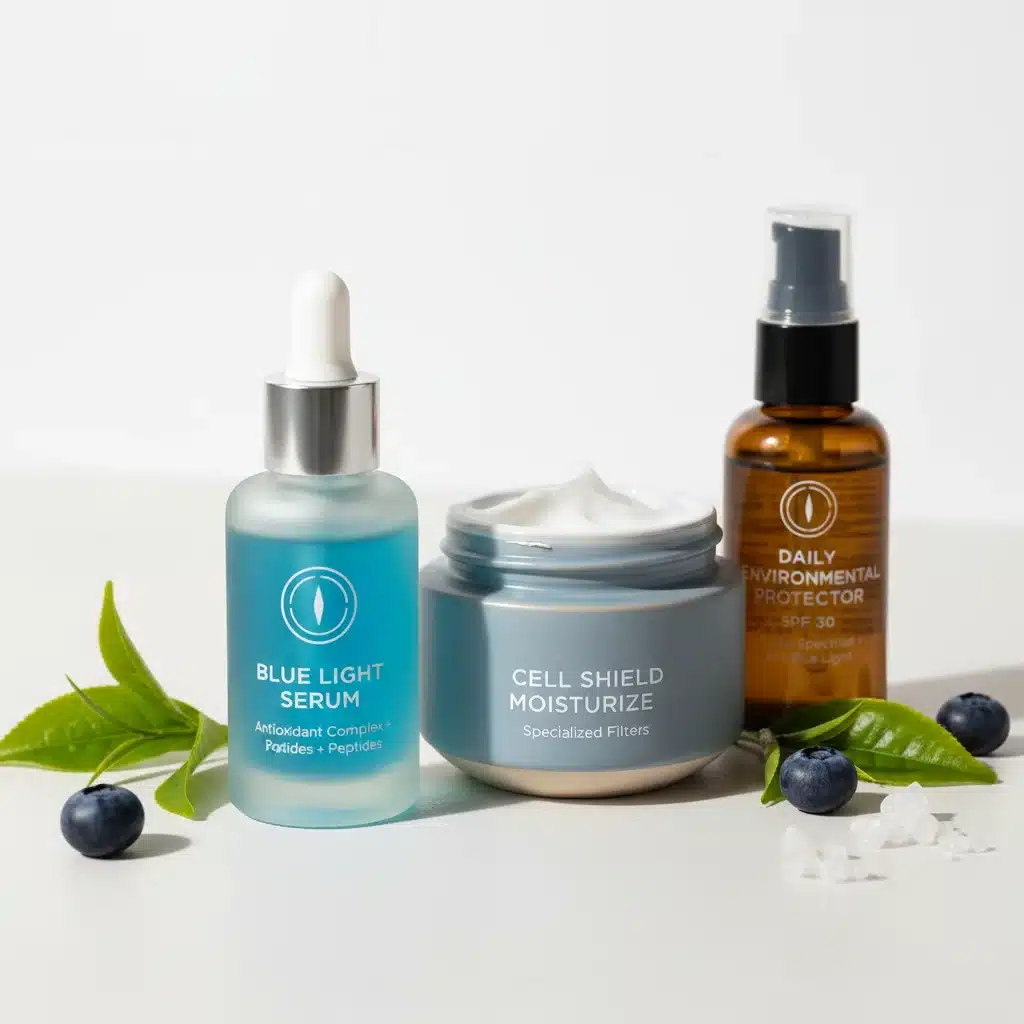 Skincare products with blue light protection ingredients like antioxidants and peptides.