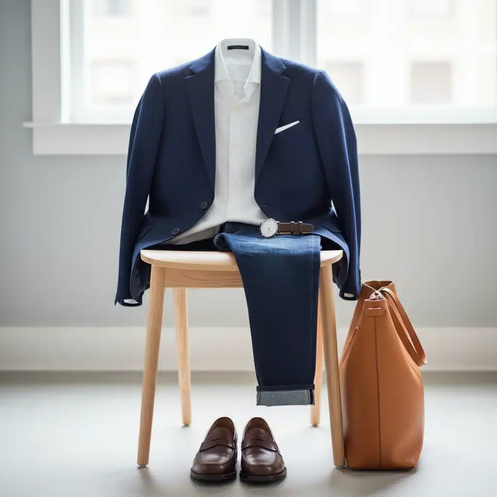 Detailed business casual outfit with blazer, shirt, smart jeans, and loafers, emphasizing quality and style.