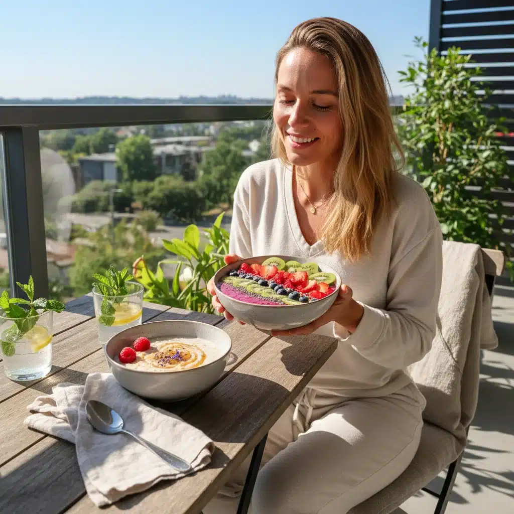 Person enjoying a healthy breakfast, emphasizing nutritional impact on mood.