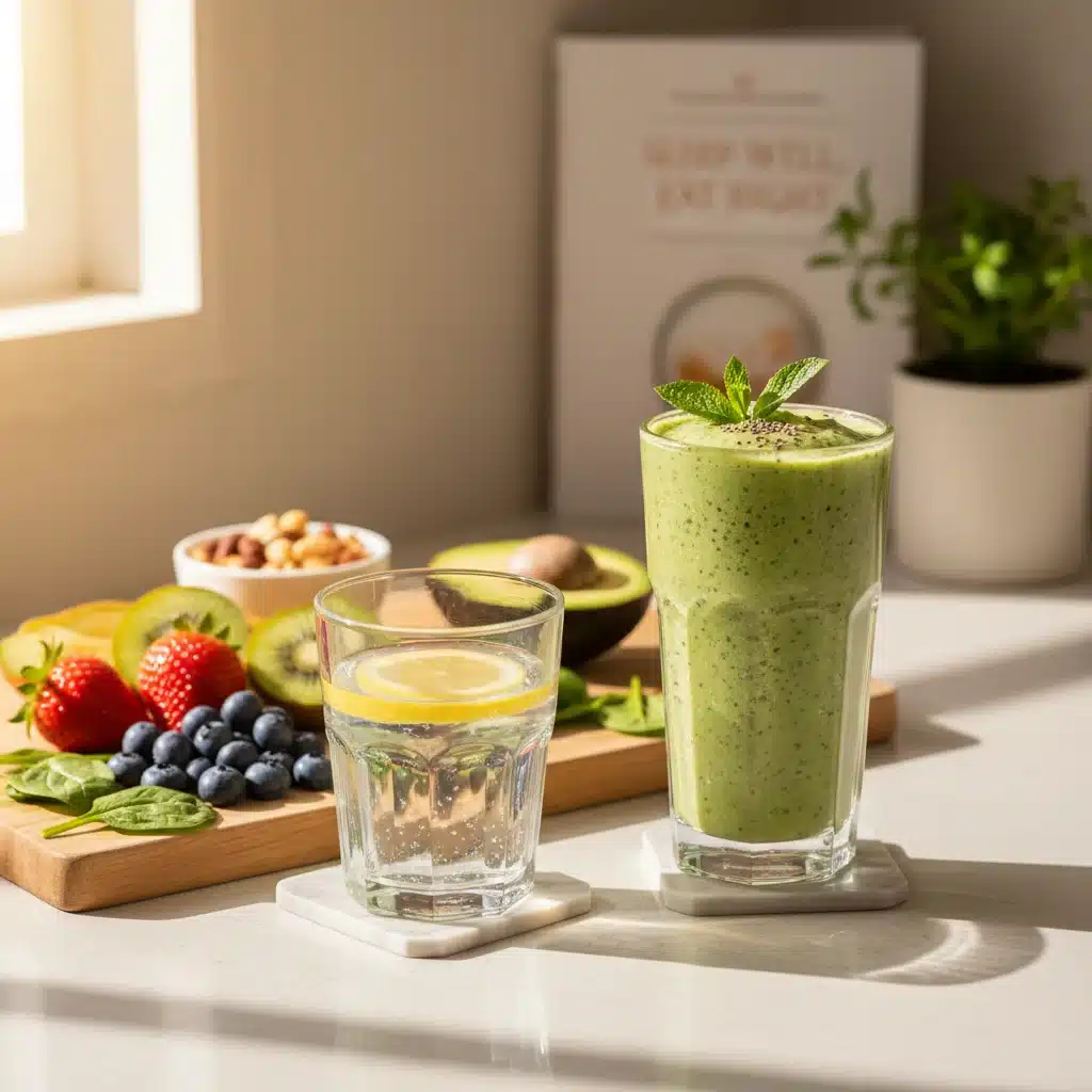 Healthy green smoothie, fresh fruits, and water, illustrating nutritious choices for improved sleep.