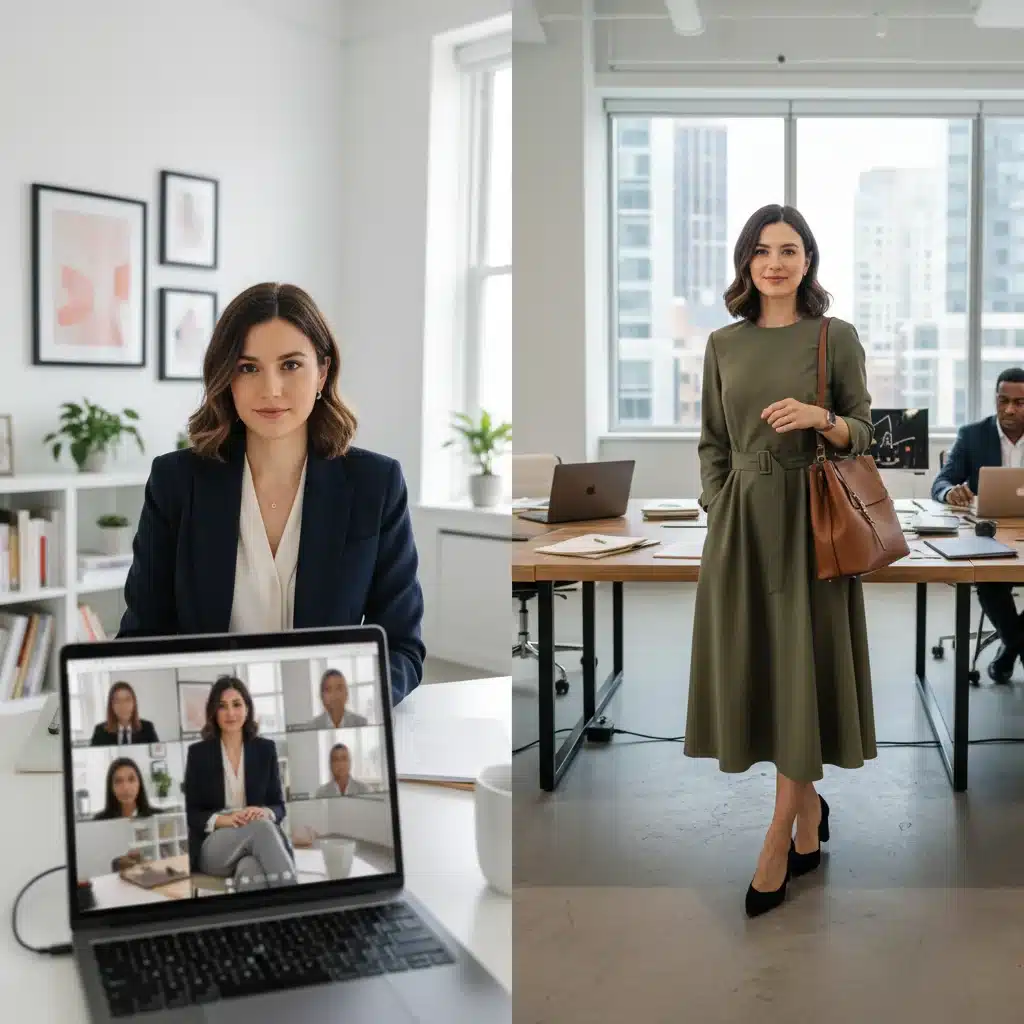 Comparison of hybrid work business casual attire for virtual meetings and in-office presence.