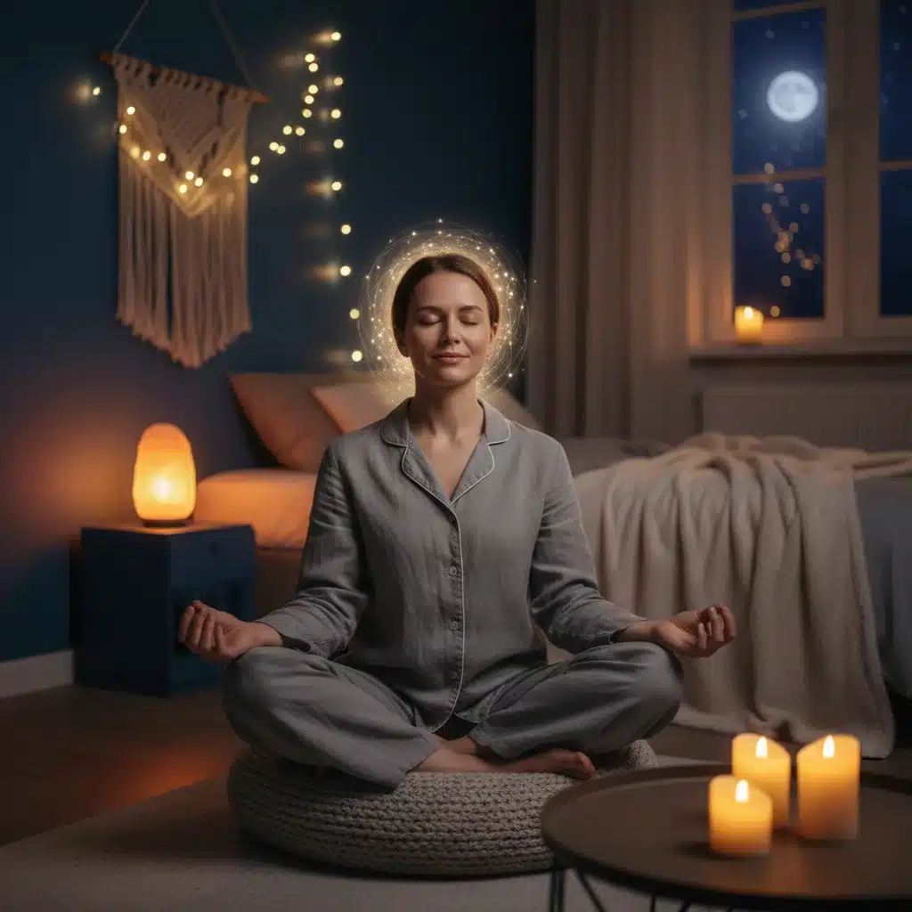 Person meditating calmly in a dimly lit room, practicing mindfulness for better sleep.