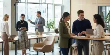 Professionals in modern business casual attire in a bright office environment, showcasing contemporary workplace fashion.